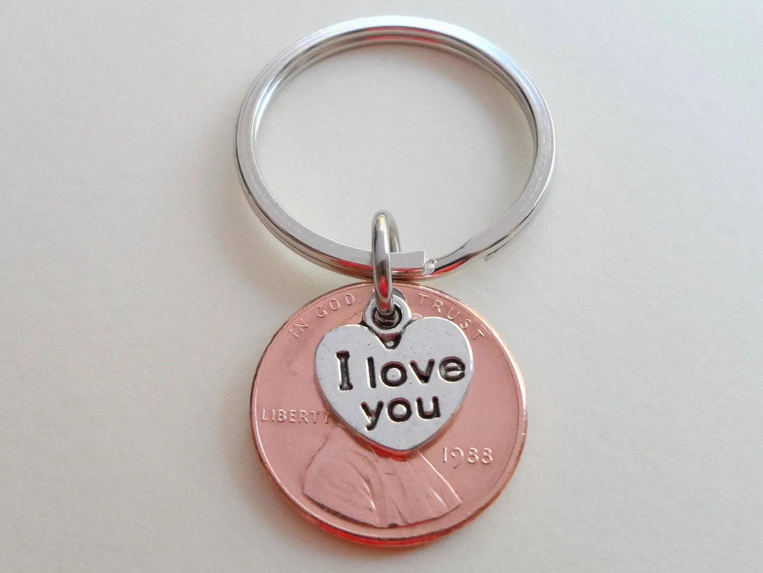 I Love You Heart Charm Layered Over 1988 Penny Keychain; 37 Year Anniversary Gift, Couples Keychain