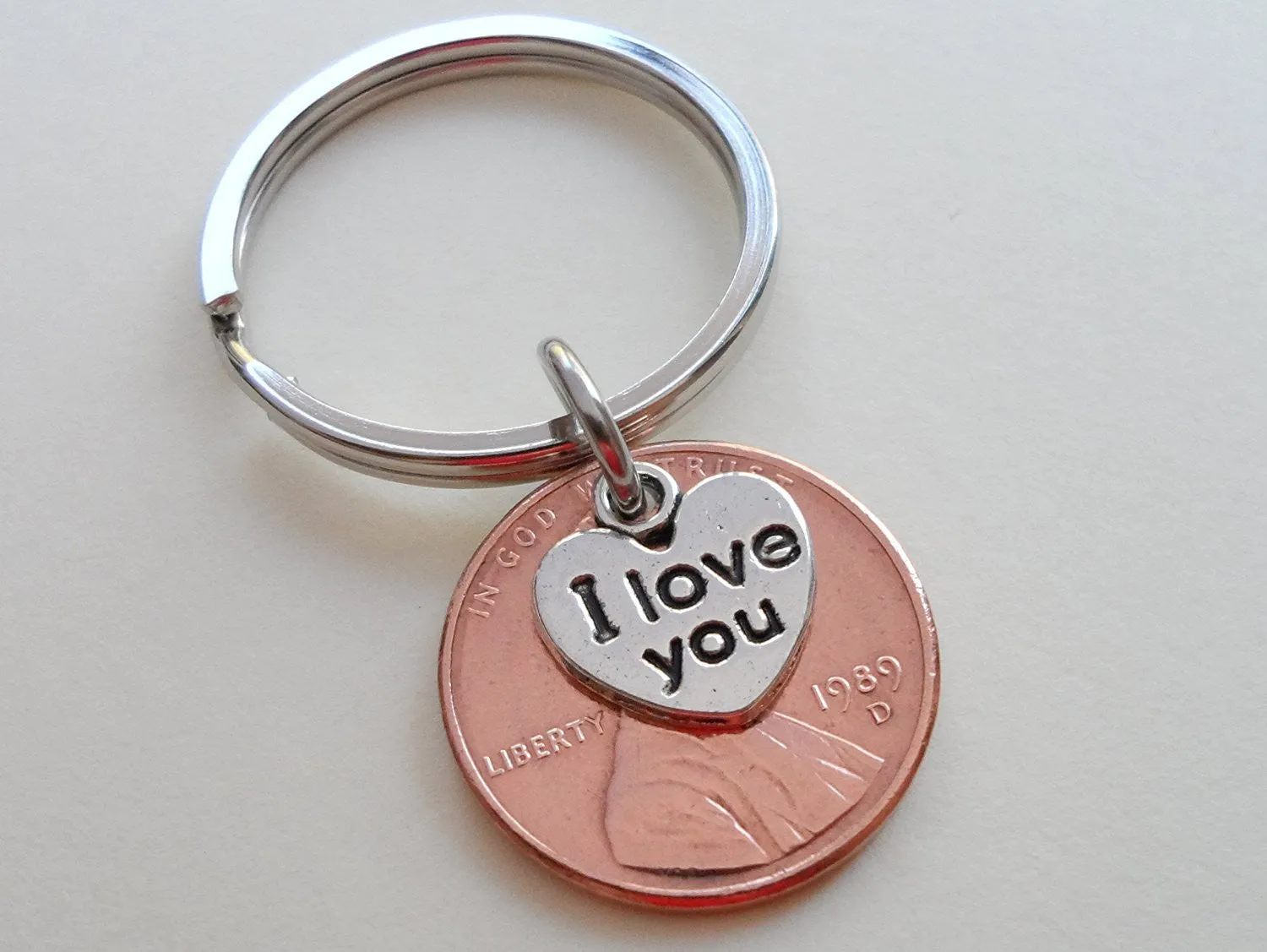 I Love You Heart Charm Layered Over 1989 Penny Keychain; 36 Year Anniversary Gift, Couples Keychain