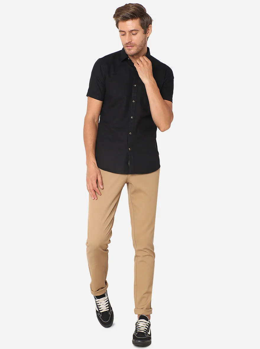 Jet Black Solid Slim Fit Semi Casual Shirt | JadeBlue