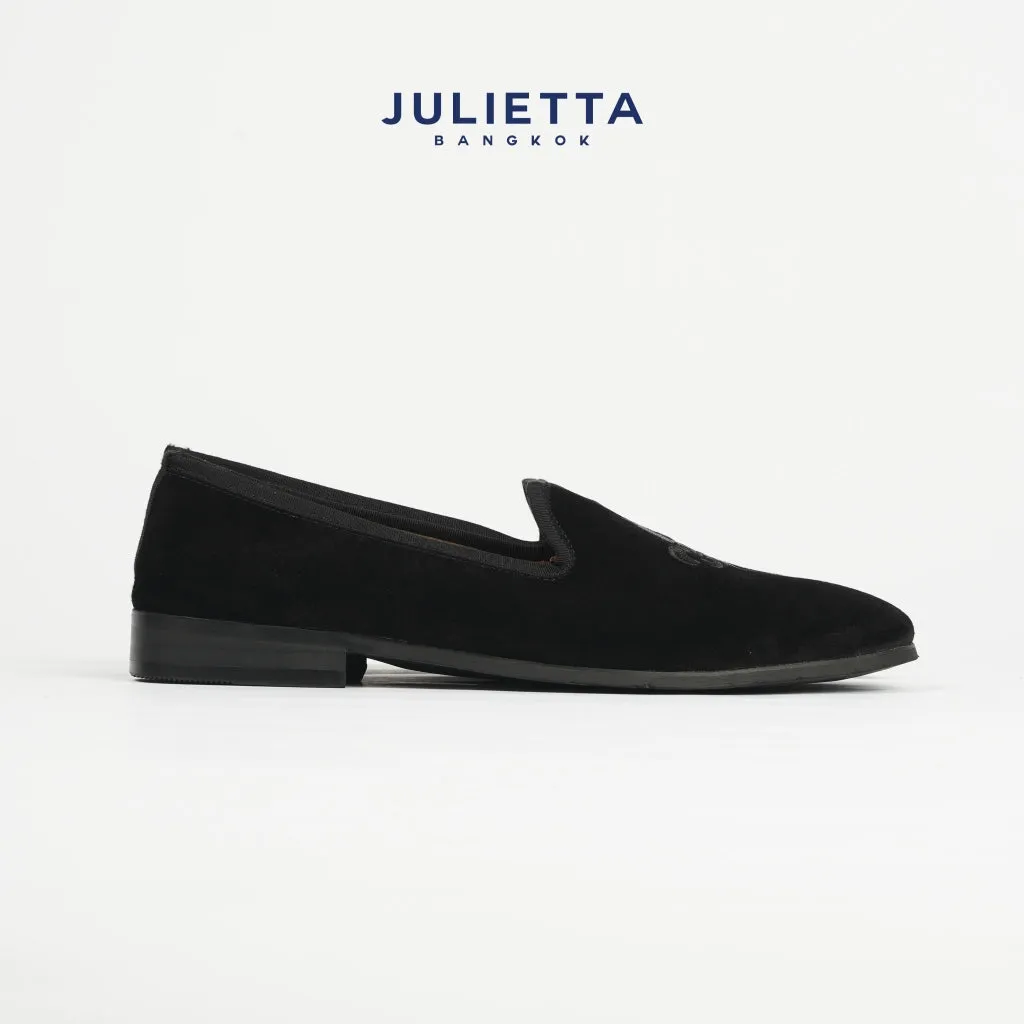 JULIETTA - FENIS Velvet Slippers with Fleur de lis : Black  (Unlined)