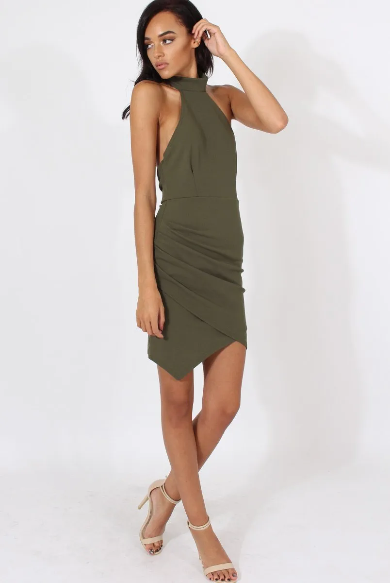 Khaki High Neck Side Ruched Backless Dress - Tulip