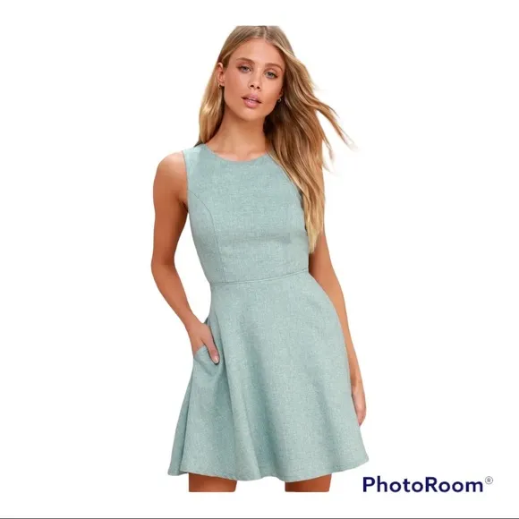 Lulu’s Winsome Mint Blue Backless Skater Mini Dress; Size Medium