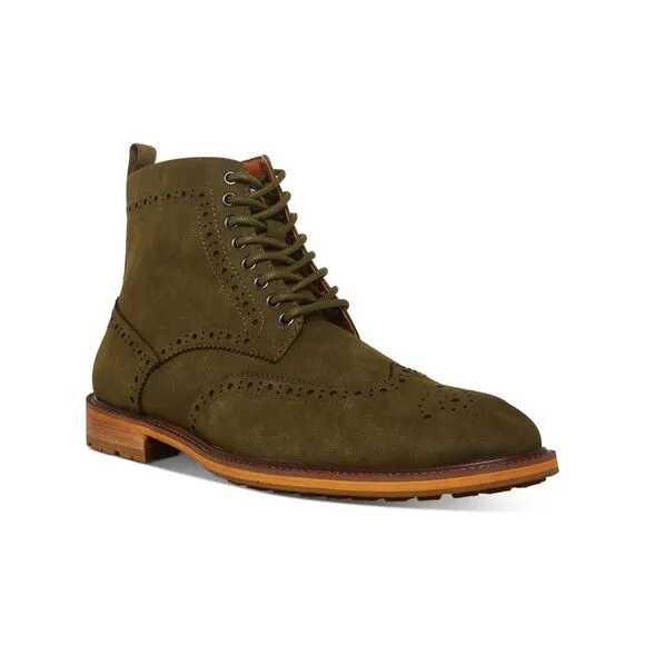 MADDEN Mens Olive Green Brogue Front Heel Remppr Wingtip Boots Shoes 7 M