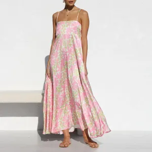 Maxi Dress Spaghetti Strap Backless Flower Print