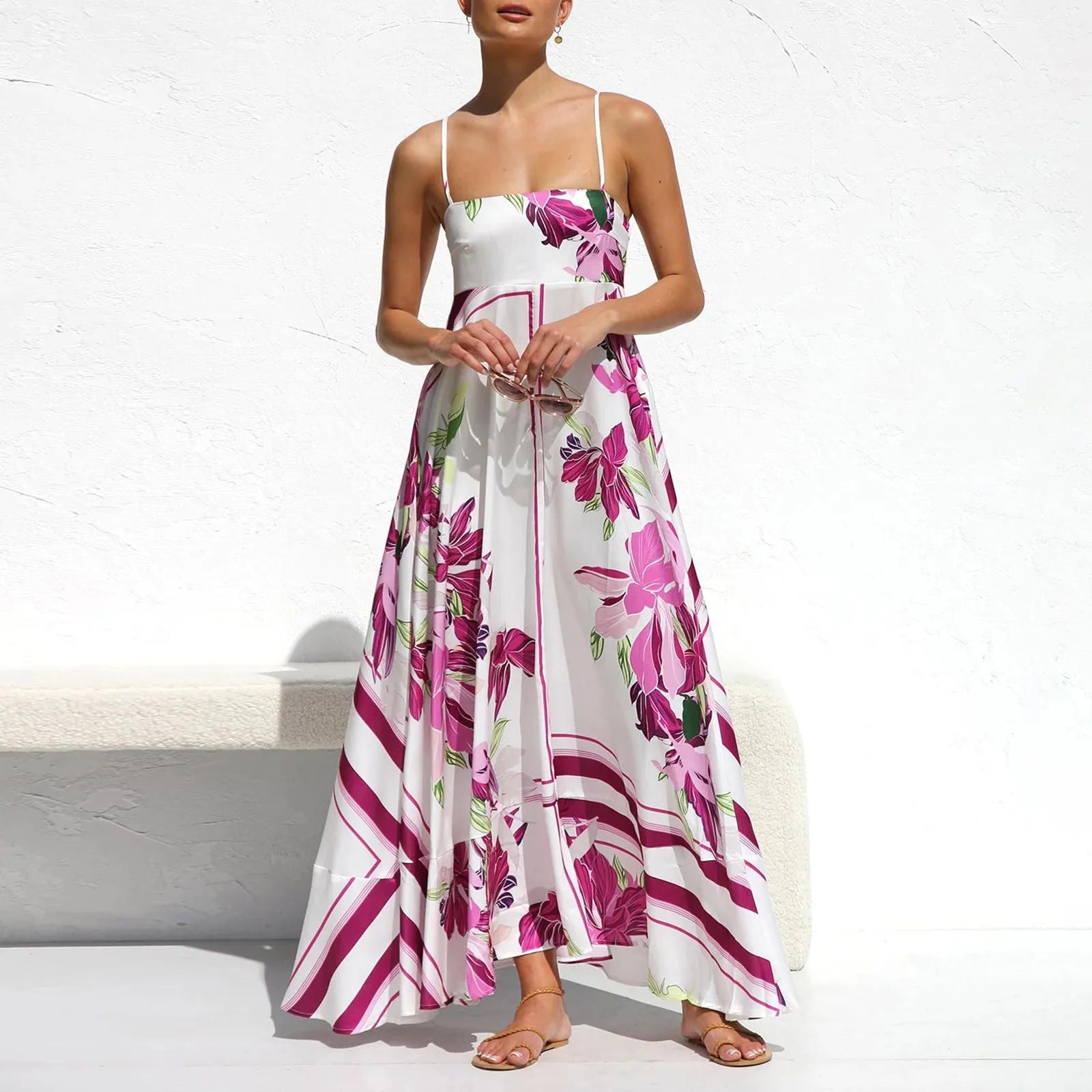 Maxi Dress Spaghetti Strap Backless Flower Print