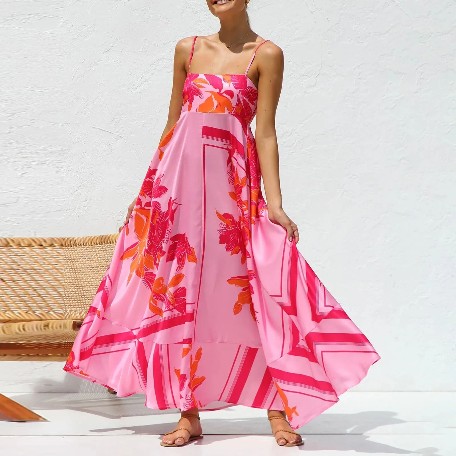 Maxi Dress Spaghetti Strap Backless Flower Print