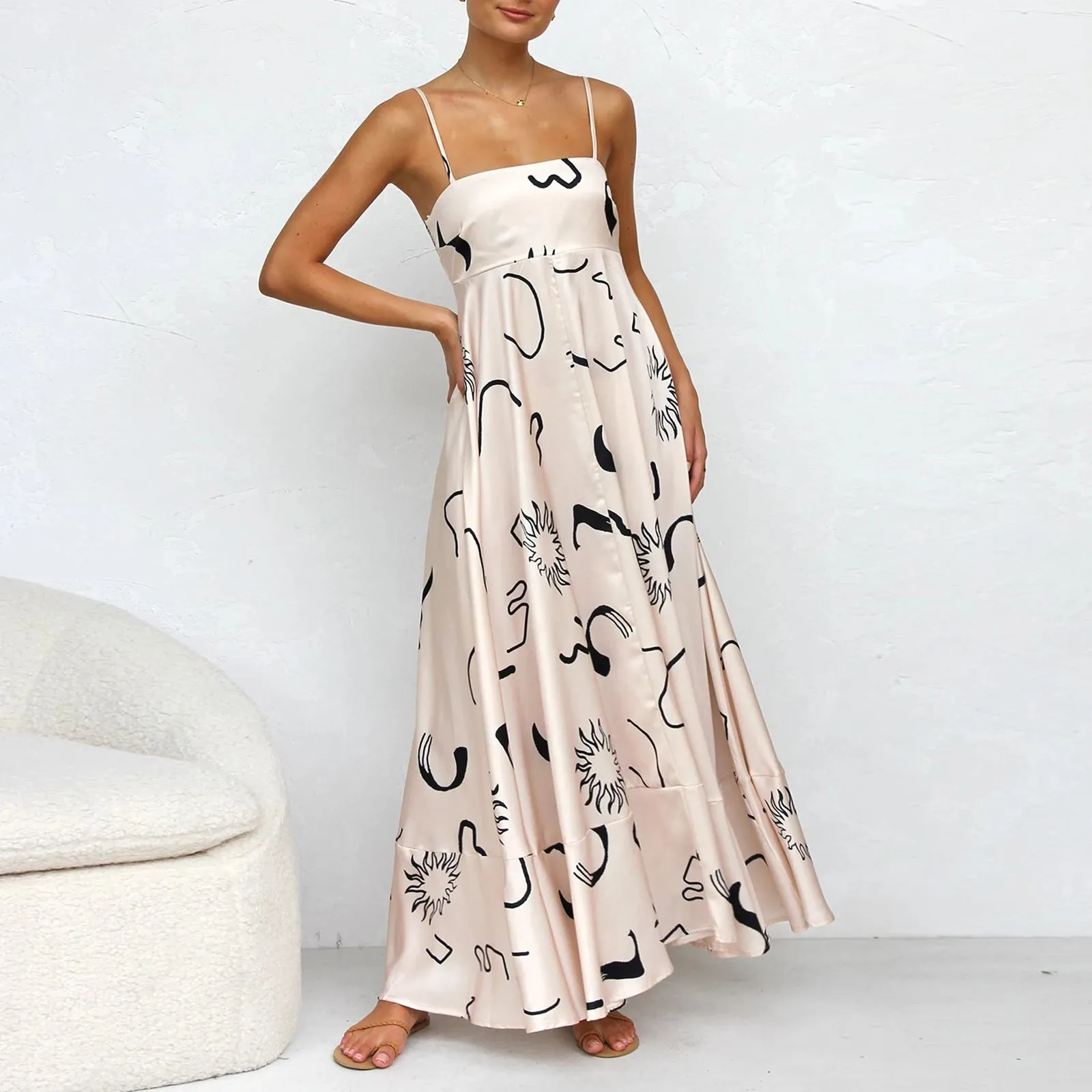 Maxi Dress Spaghetti Strap Backless Flower Print