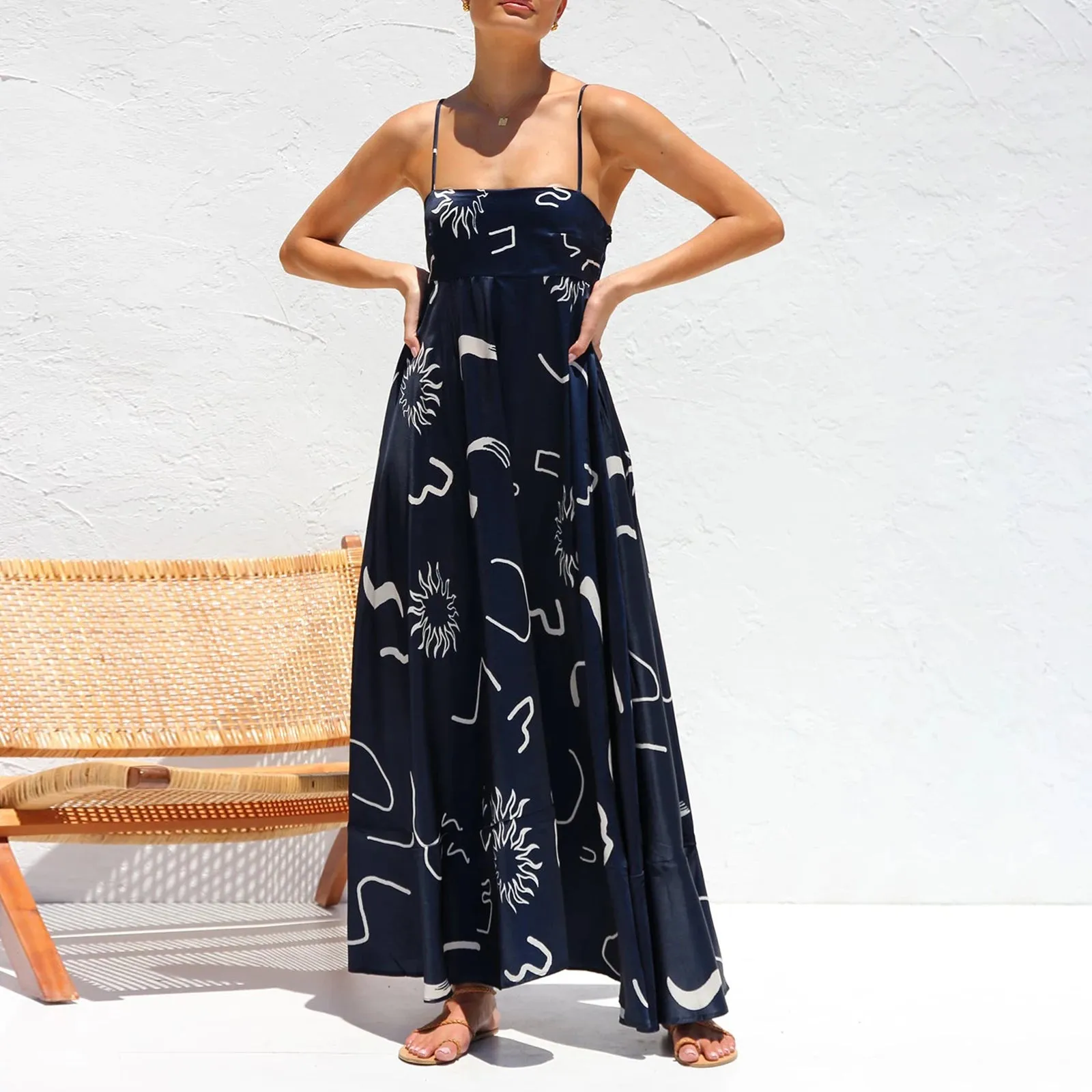 Maxi Dress Spaghetti Strap Backless Flower Print