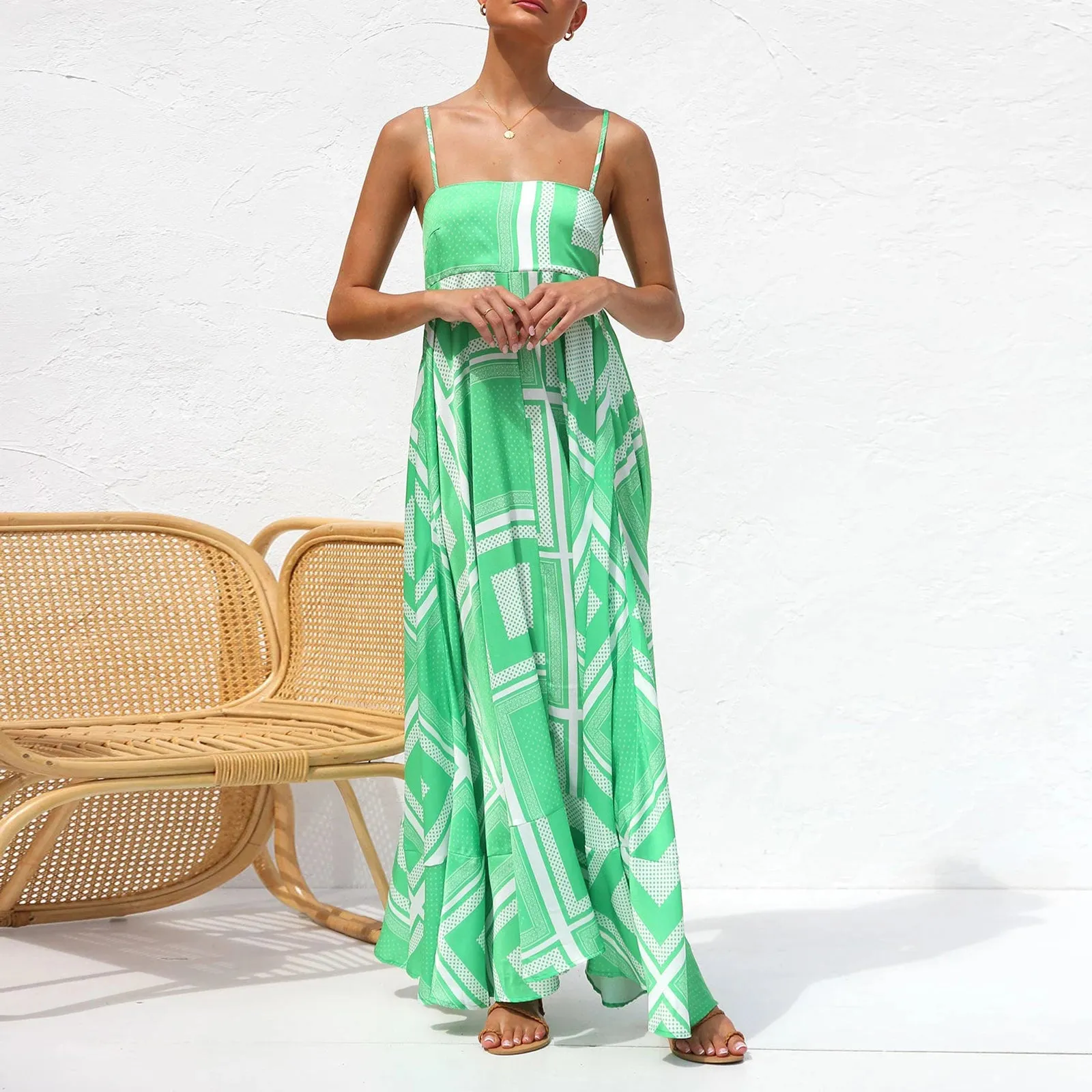 Maxi Dress Spaghetti Strap Backless Flower Print