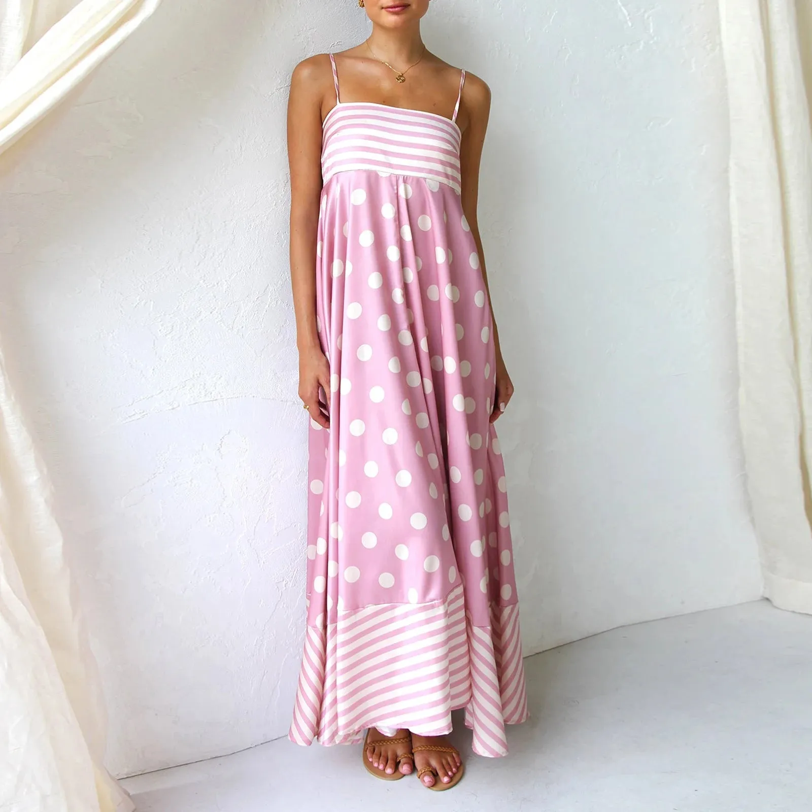 Maxi Dress Spaghetti Strap Backless Flower Print