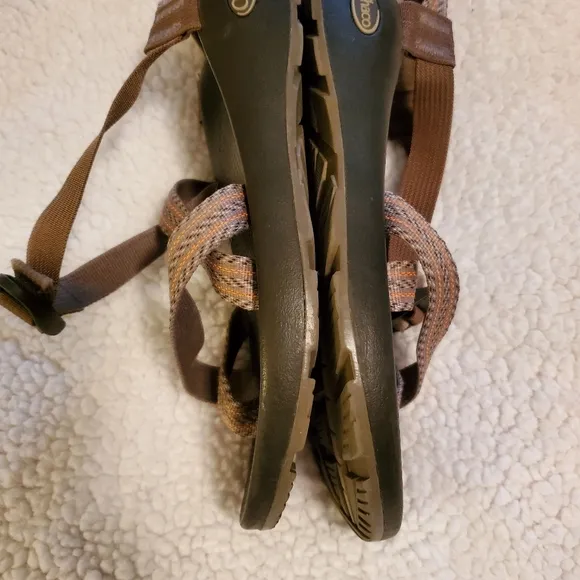 Mens Chaco sandals,  size 10,   Brownish gray with orange stripes.