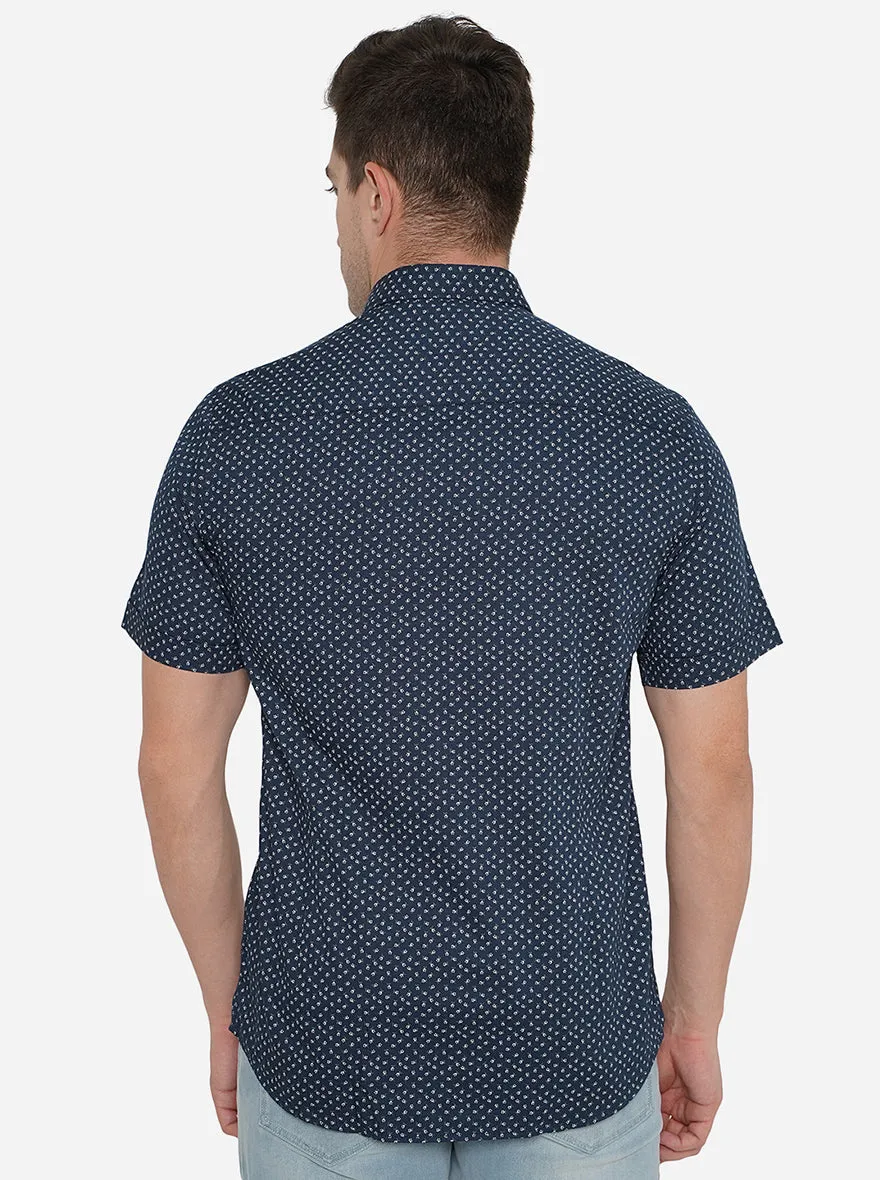 Navy Blue Printed Slim Fit Casual Shirt | JadeBlue