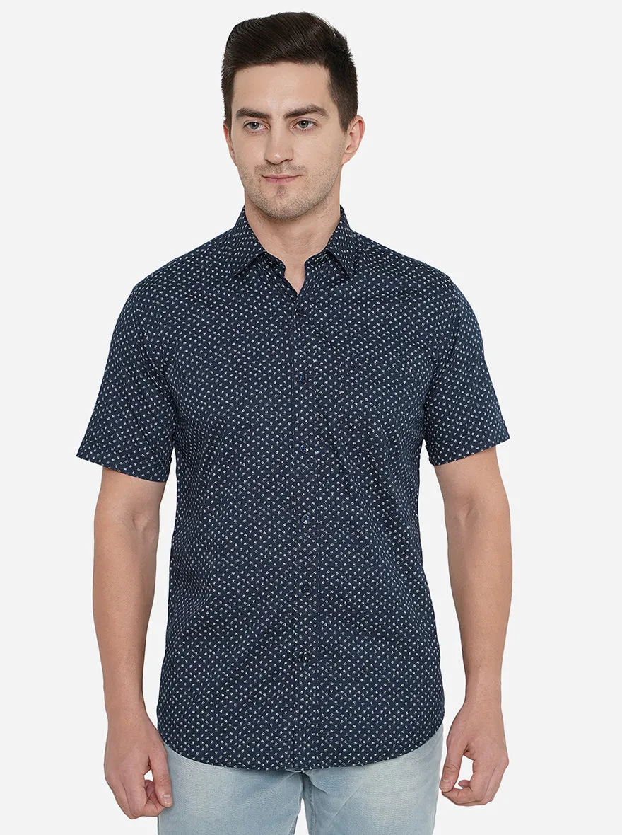 Navy Blue Printed Slim Fit Casual Shirt | JadeBlue