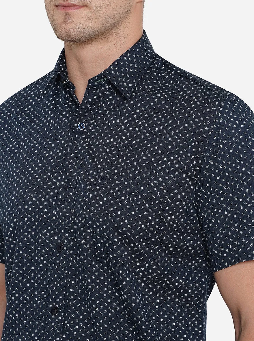 Navy Blue Printed Slim Fit Casual Shirt | JadeBlue