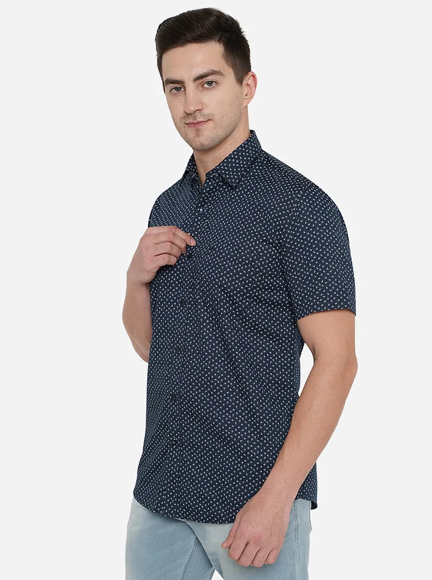 Navy Blue Printed Slim Fit Casual Shirt | JadeBlue
