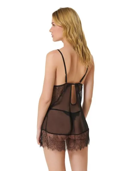 Peony Short Chemise and Thong Set - Black -