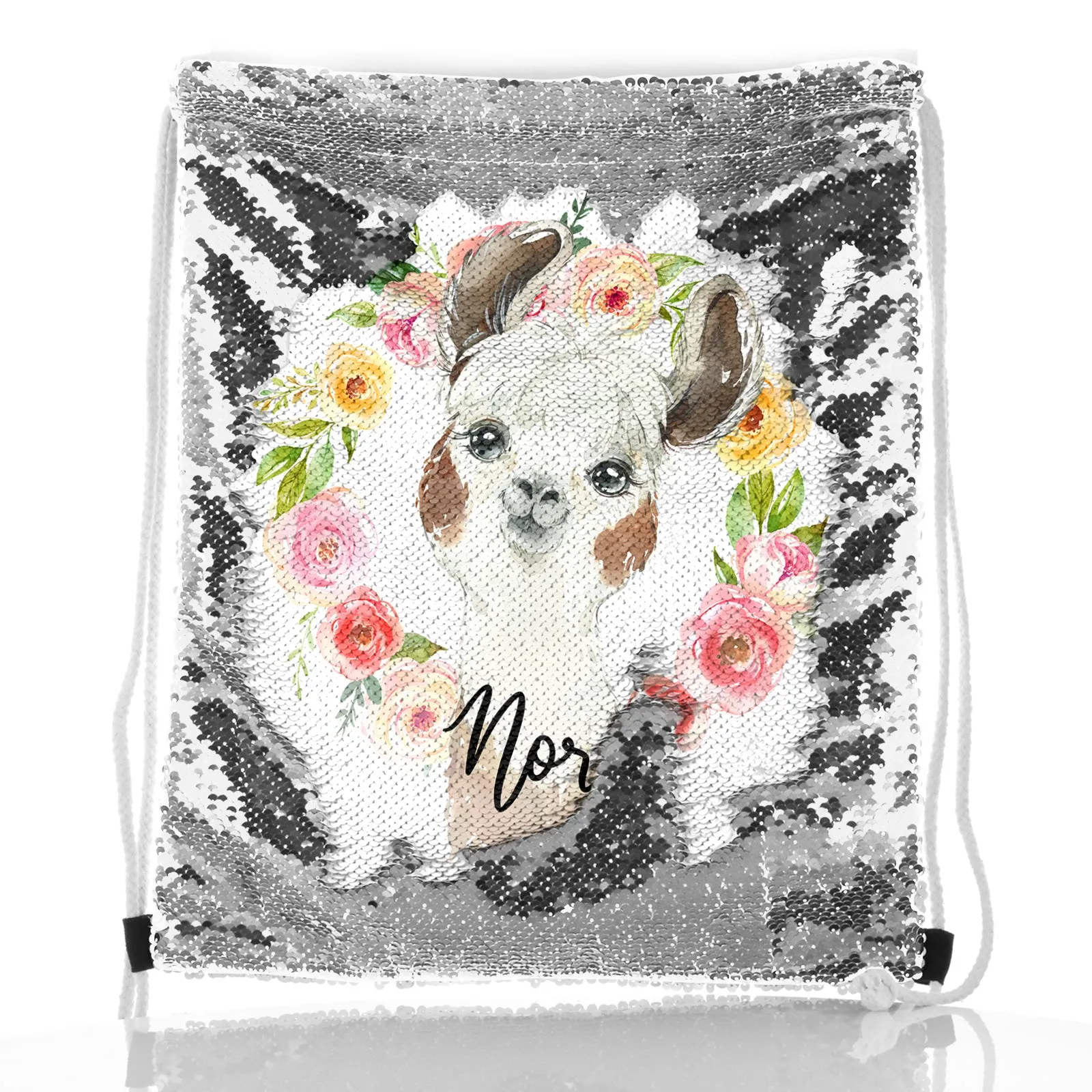 Personalised Sequin Drawstring Backpack with Brown and White Alpaca Multicolour Flower Wreath and Cute Text