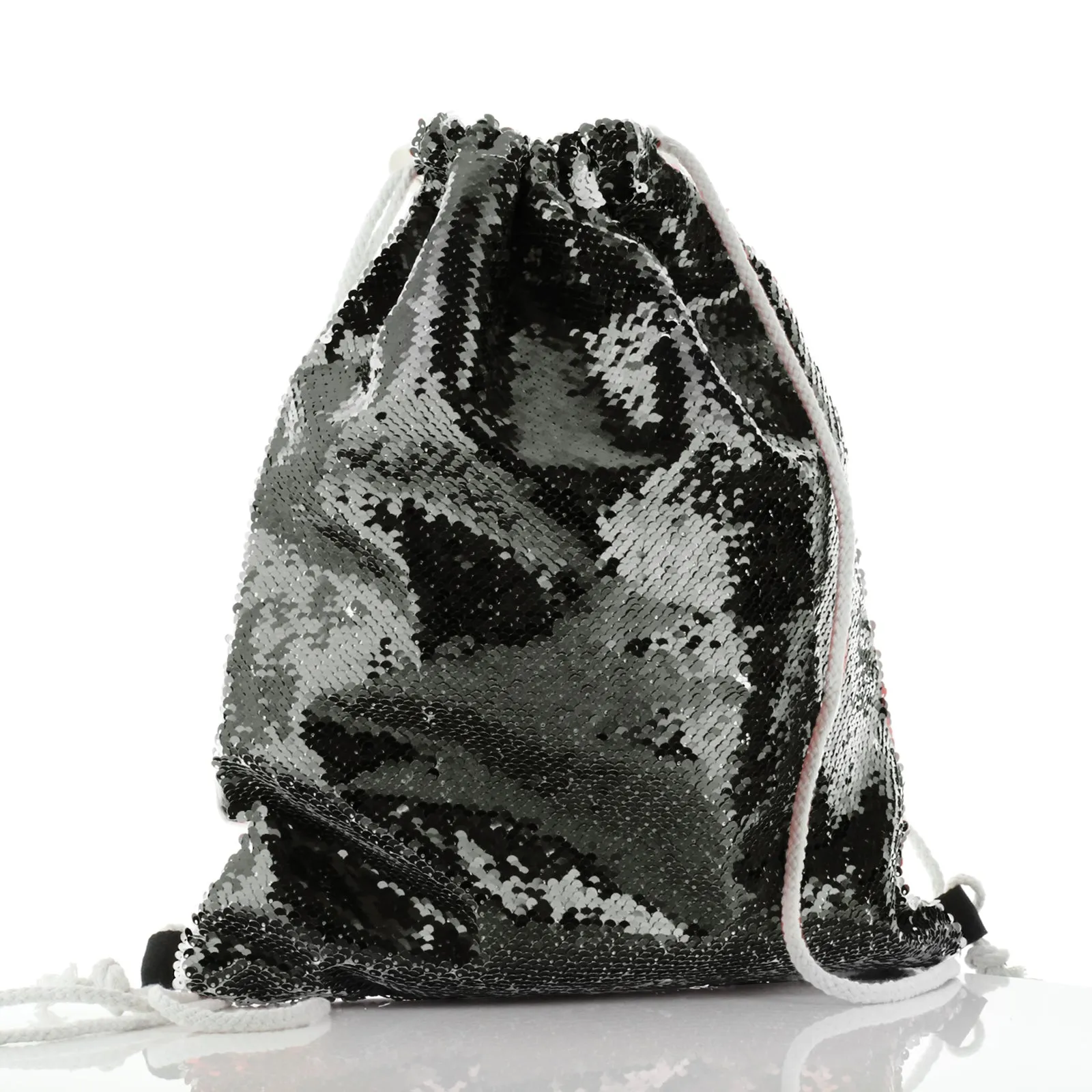 Personalised Sequin Drawstring Backpack with Brown and White Alpaca Multicolour Flower Wreath and Cute Text