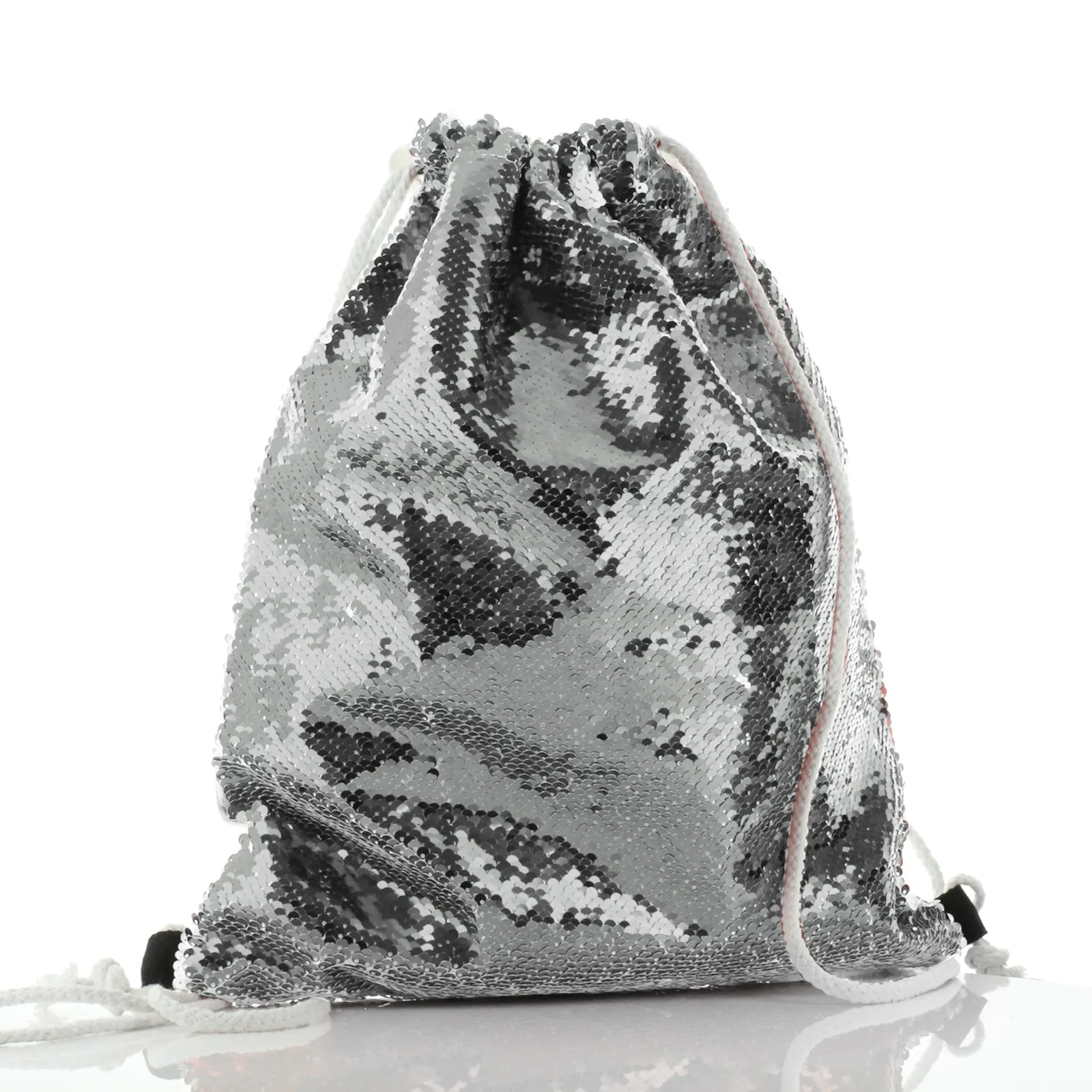 Personalised Sequin Drawstring Backpack with Brown and White Alpaca Multicolour Flower Wreath and Cute Text