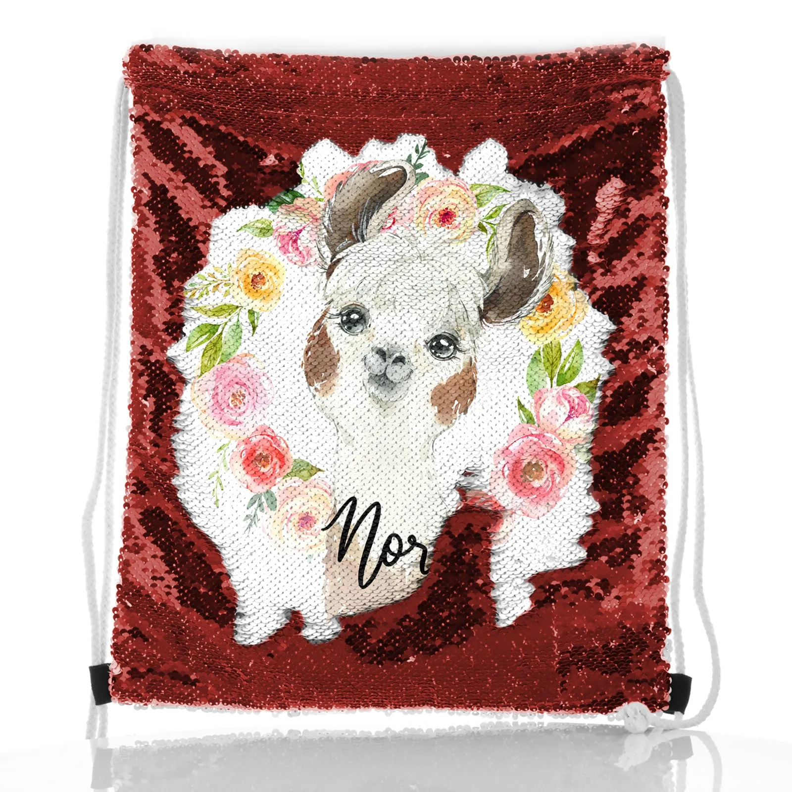 Personalised Sequin Drawstring Backpack with Brown and White Alpaca Multicolour Flower Wreath and Cute Text