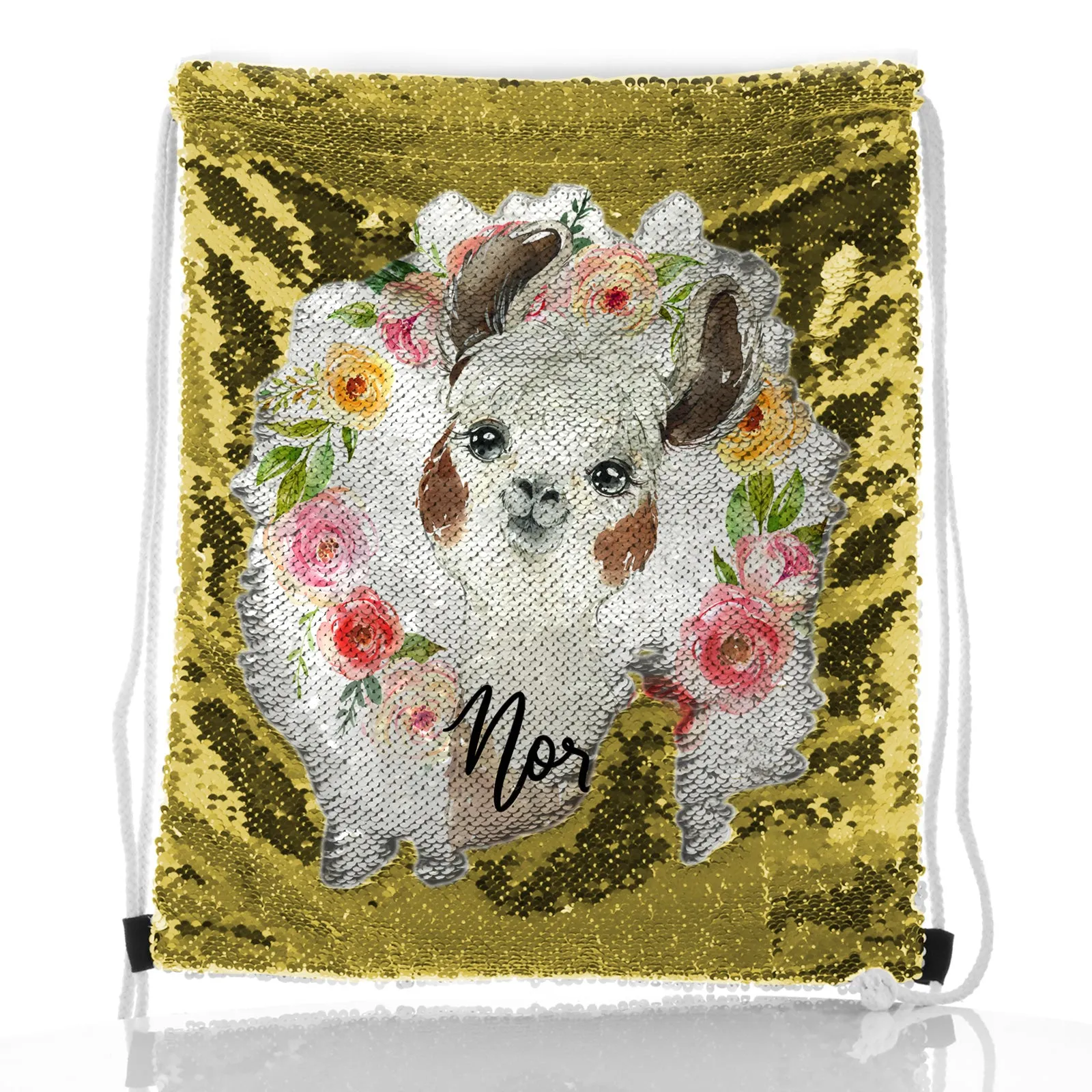 Personalised Sequin Drawstring Backpack with Brown and White Alpaca Multicolour Flower Wreath and Cute Text