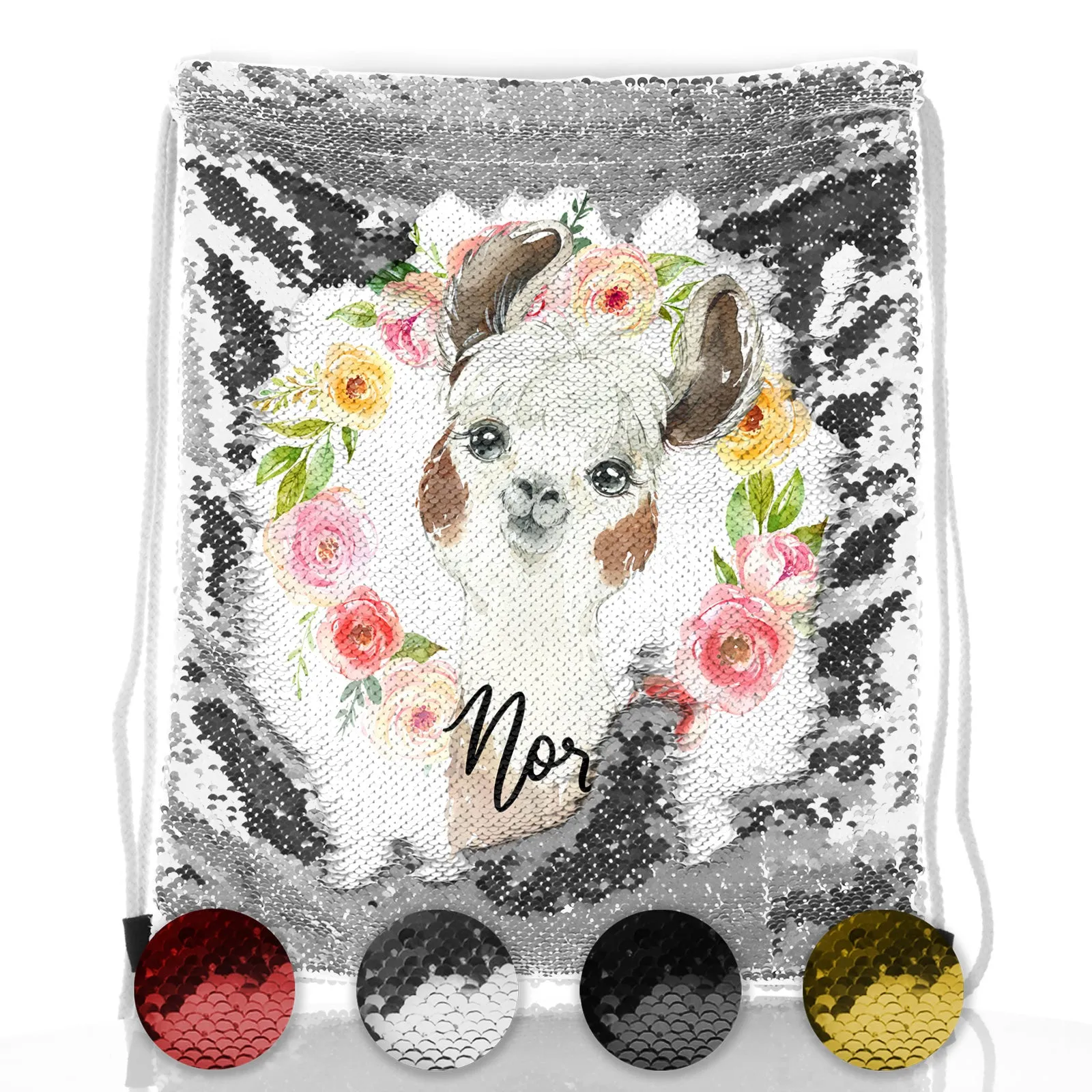 Personalised Sequin Drawstring Backpack with Brown and White Alpaca Multicolour Flower Wreath and Cute Text