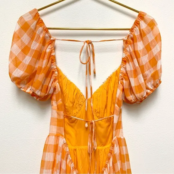 Princess Polly Tiered Orange Gingham Dress Size 6 Puff Sleeves Backless NWT