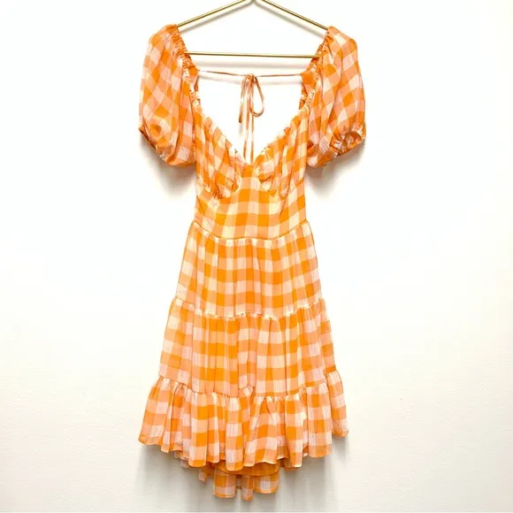 Princess Polly Tiered Orange Gingham Dress Size 6 Puff Sleeves Backless NWT