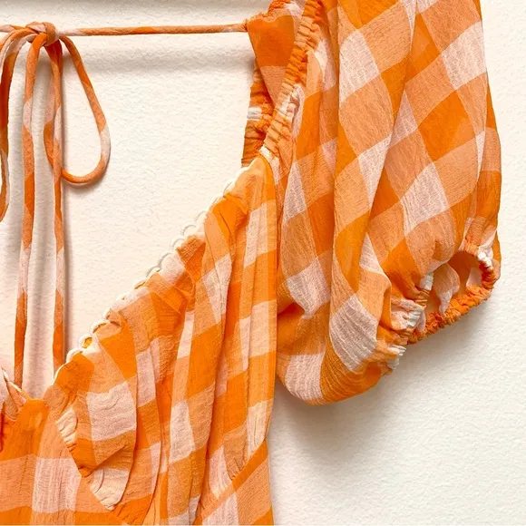 Princess Polly Tiered Orange Gingham Dress Size 6 Puff Sleeves Backless NWT