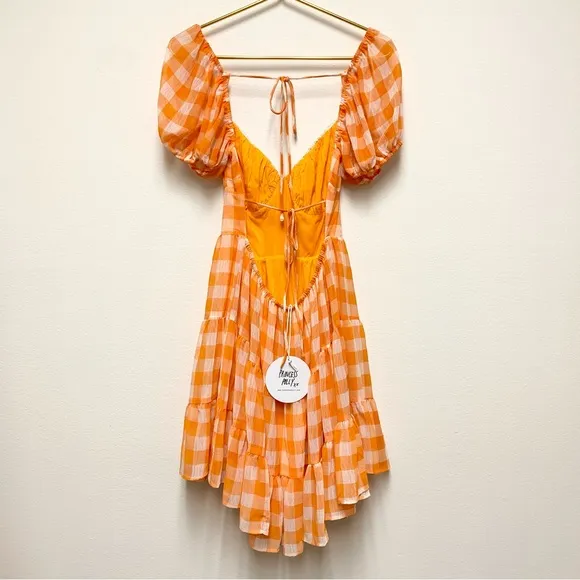 Princess Polly Tiered Orange Gingham Dress Size 6 Puff Sleeves Backless NWT