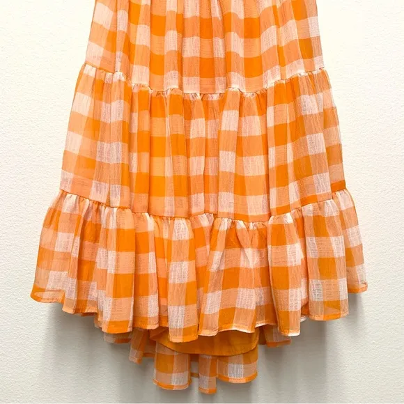 Princess Polly Tiered Orange Gingham Dress Size 6 Puff Sleeves Backless NWT