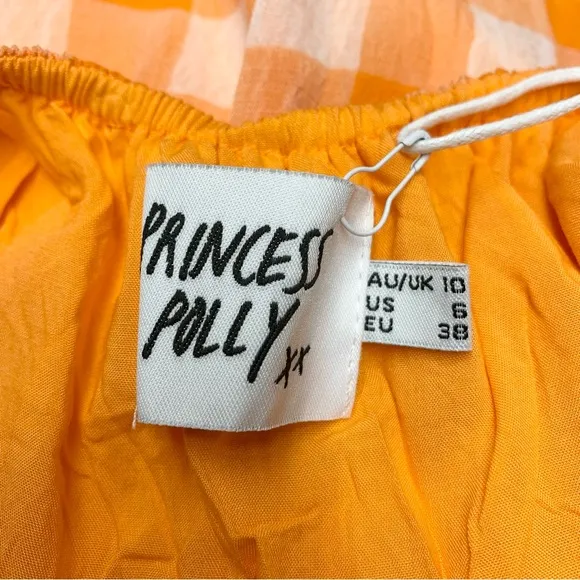 Princess Polly Tiered Orange Gingham Dress Size 6 Puff Sleeves Backless NWT