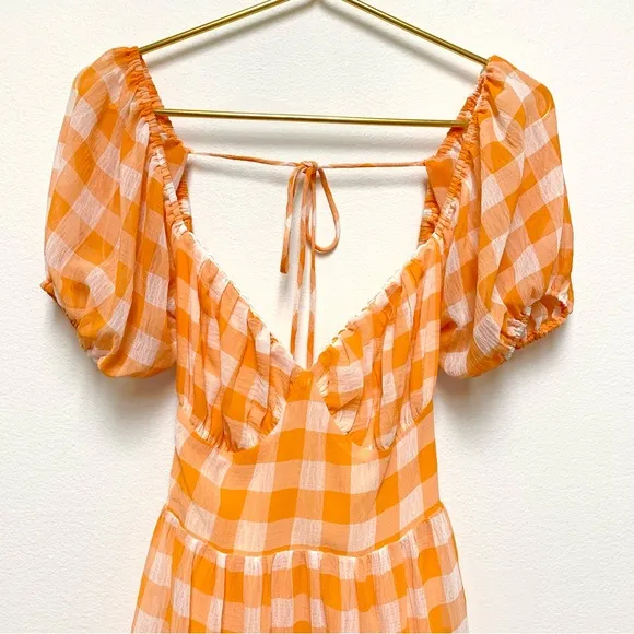 Princess Polly Tiered Orange Gingham Dress Size 6 Puff Sleeves Backless NWT