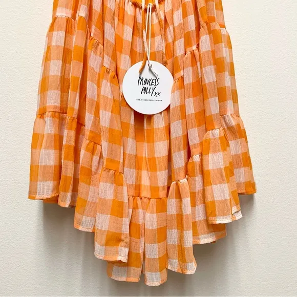 Princess Polly Tiered Orange Gingham Dress Size 6 Puff Sleeves Backless NWT
