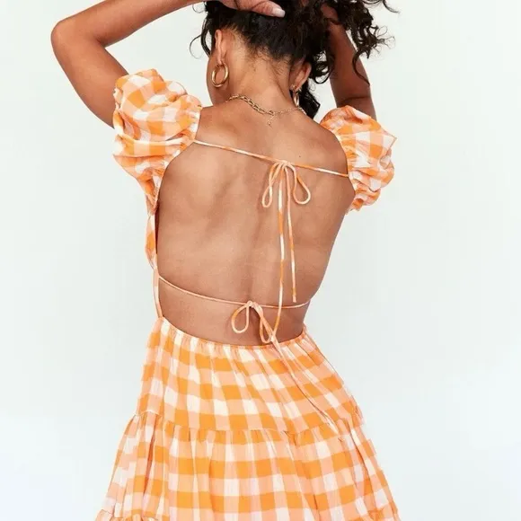 Princess Polly Tiered Orange Gingham Dress Size 6 Puff Sleeves Backless NWT