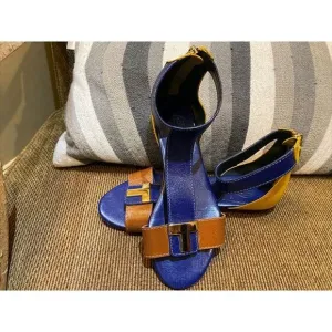 Rare  Tory Burch &quot; Casey &quot;Colorblock‎ Sandals Size 5 Navy Blue/Tan