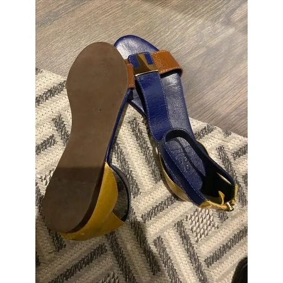Rare  Tory Burch &quot; Casey &quot;Colorblock‎ Sandals Size 5 Navy Blue/Tan