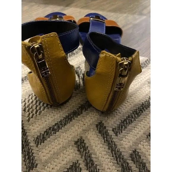 Rare  Tory Burch &quot; Casey &quot;Colorblock‎ Sandals Size 5 Navy Blue/Tan