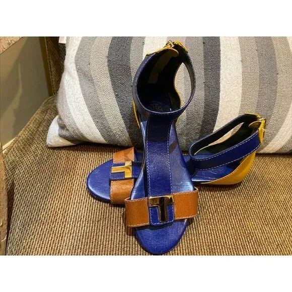 Rare  Tory Burch &quot; Casey &quot;Colorblock‎ Sandals Size 5 Navy Blue/Tan