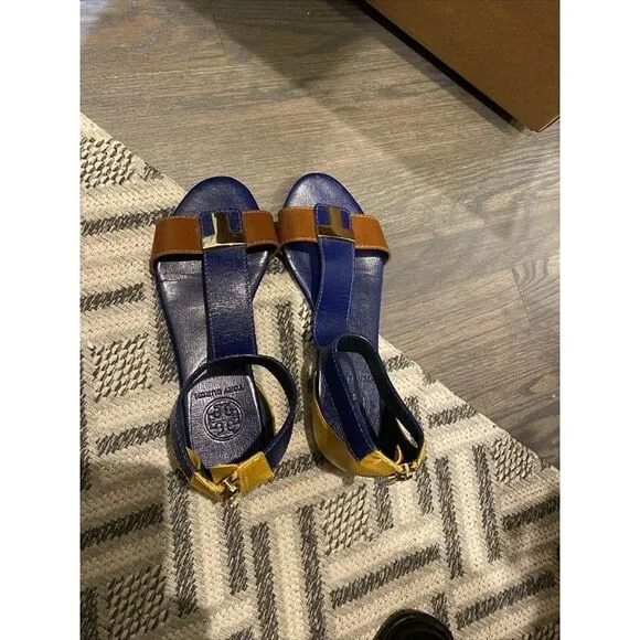 Rare  Tory Burch &quot; Casey &quot;Colorblock‎ Sandals Size 5 Navy Blue/Tan