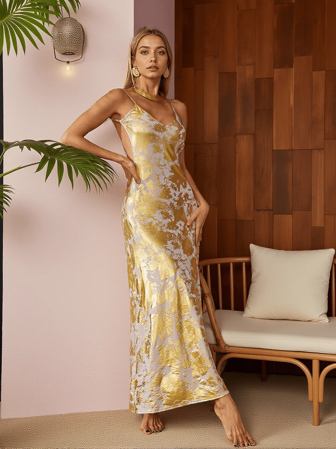 Remiel Backless Meatllic Maxi Dress
