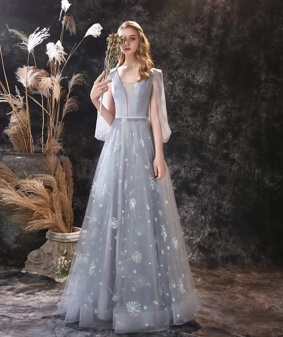 Roycebridal A Line Long Sleeve V Neck Lace Backless Light Blue Flowers Wedding Dresses