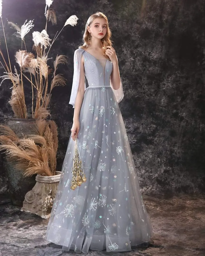 Roycebridal A Line Long Sleeve V Neck Lace Backless Light Blue Flowers Wedding Dresses