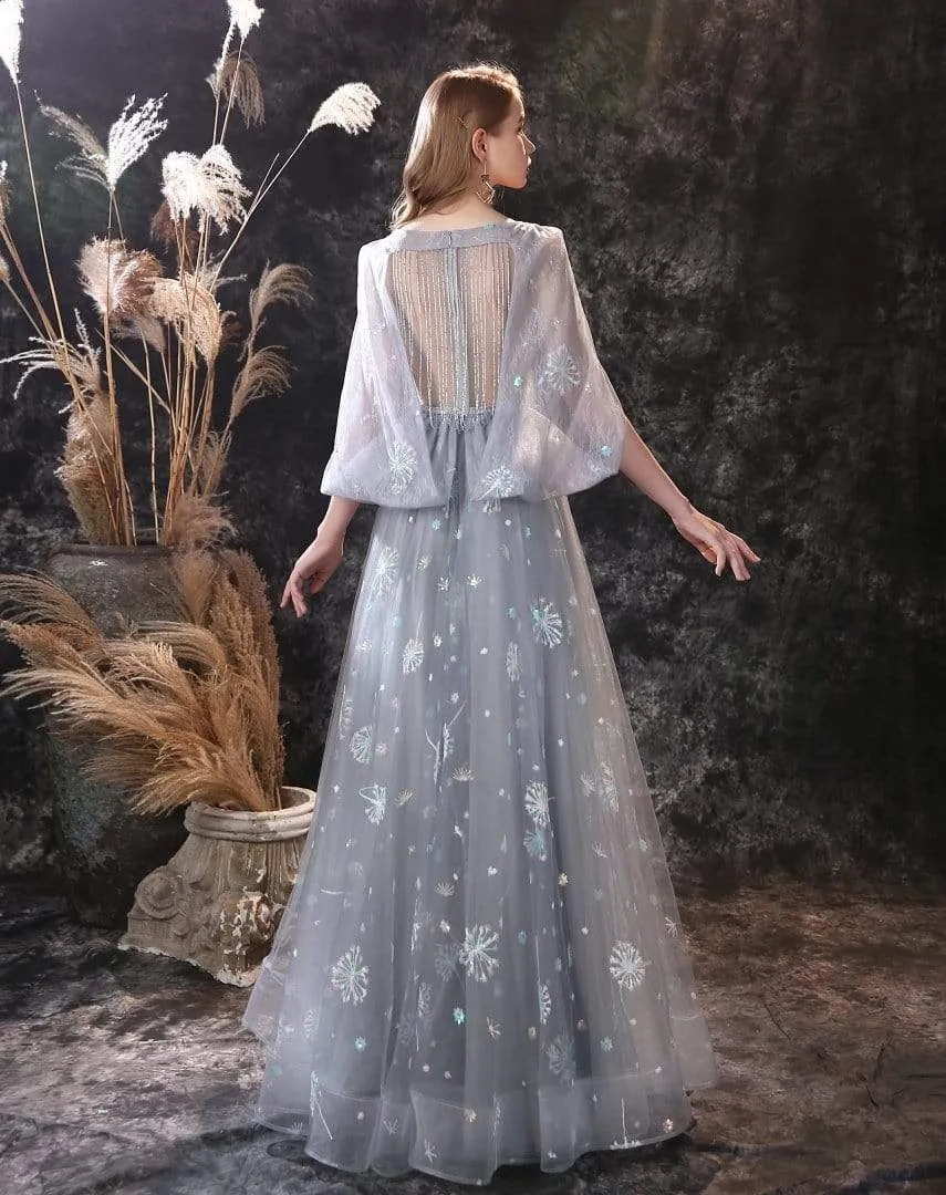 Roycebridal A Line Long Sleeve V Neck Lace Backless Light Blue Flowers Wedding Dresses