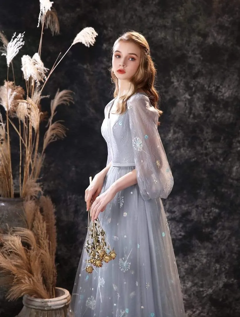 Roycebridal A Line Long Sleeve V Neck Lace Backless Light Blue Flowers Wedding Dresses