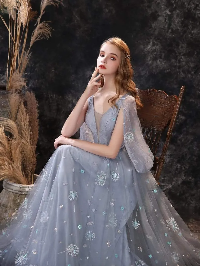Roycebridal A Line Long Sleeve V Neck Lace Backless Light Blue Flowers Wedding Dresses