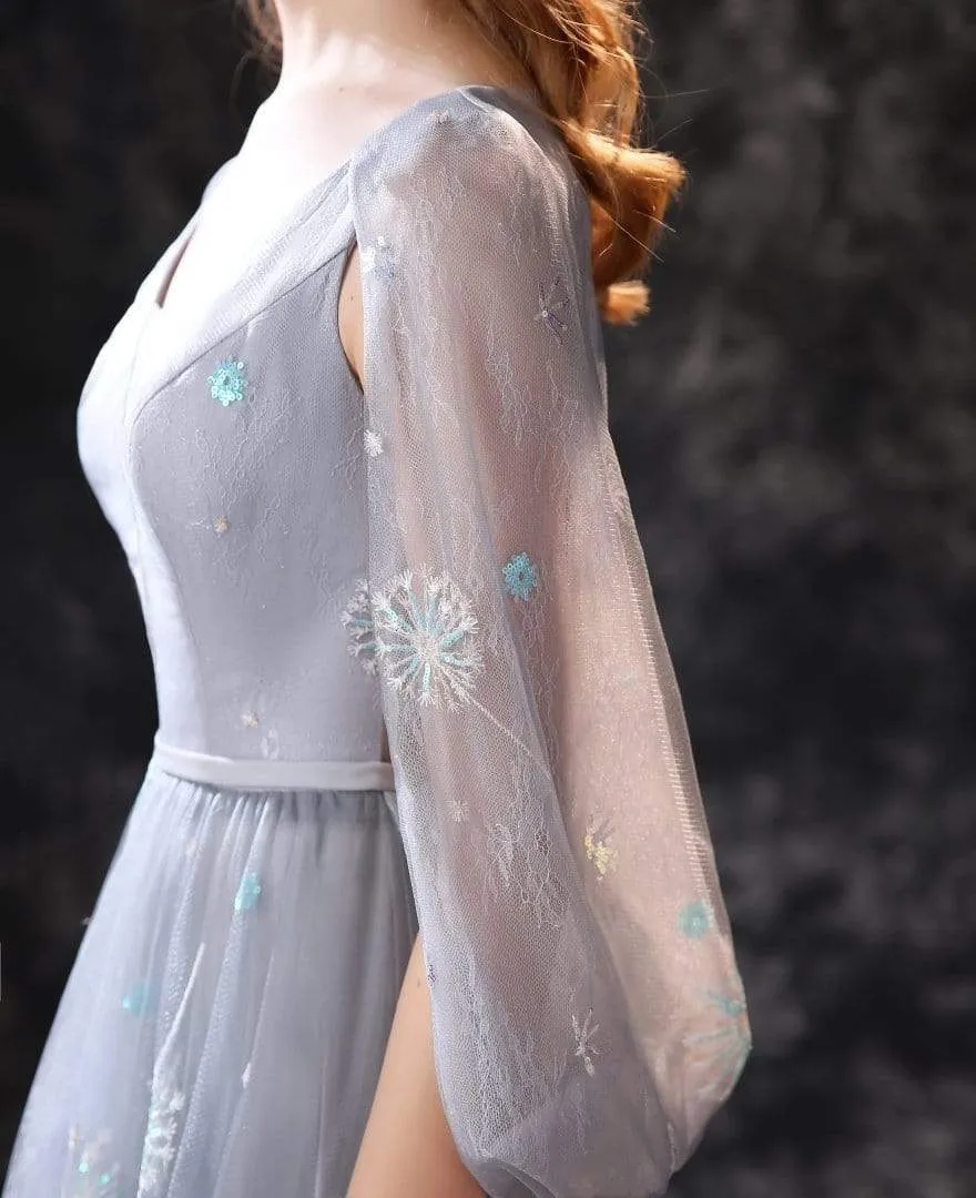 Roycebridal A Line Long Sleeve V Neck Lace Backless Light Blue Flowers Wedding Dresses