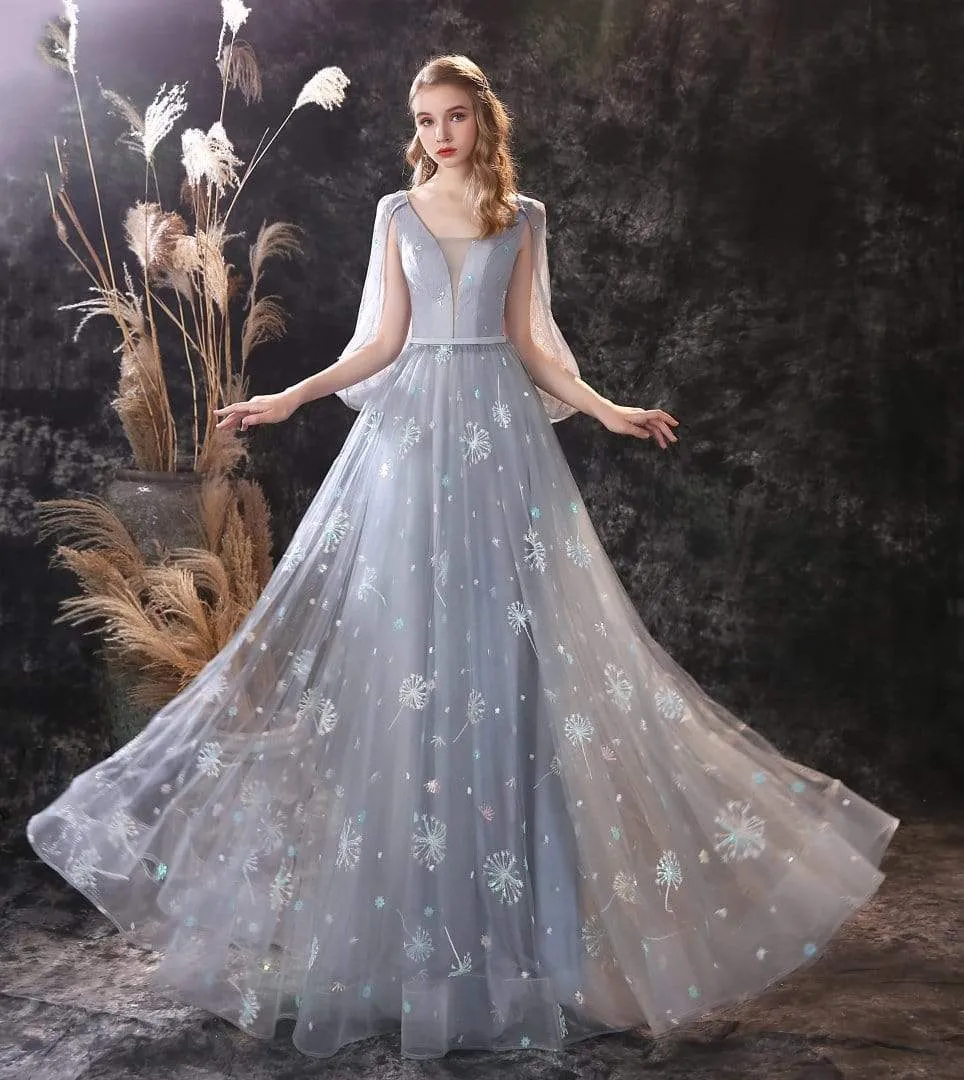 Roycebridal A Line Long Sleeve V Neck Lace Backless Light Blue Flowers Wedding Dresses
