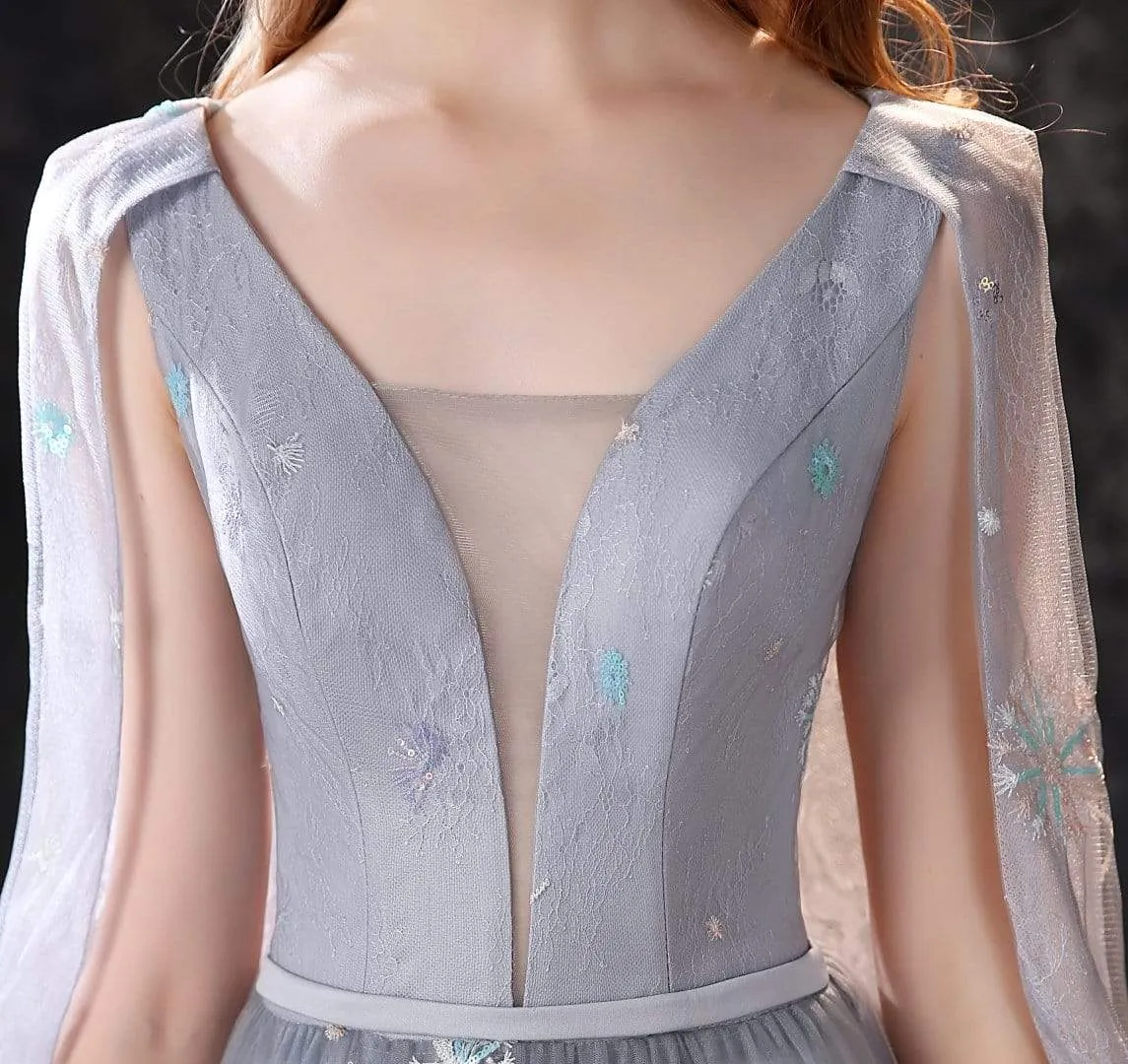 Roycebridal A Line Long Sleeve V Neck Lace Backless Light Blue Flowers Wedding Dresses