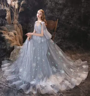 Roycebridal A Line Long Sleeve V Neck Lace Backless Light Blue Flowers Wedding Dresses